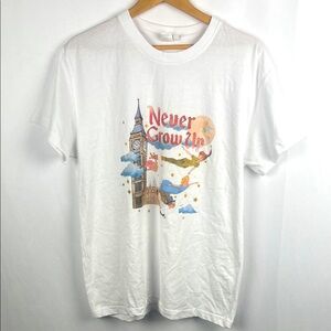 White Graphic Tee with 'Never Grow Up' Design‎ Peter Pan Women’s Large